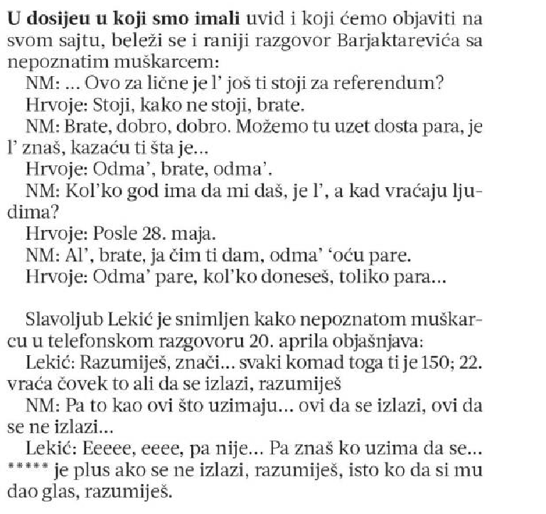 Из досијеа прислушкиваних телефонских разговора Барјактаревића и Лекића (објавио Недељник)