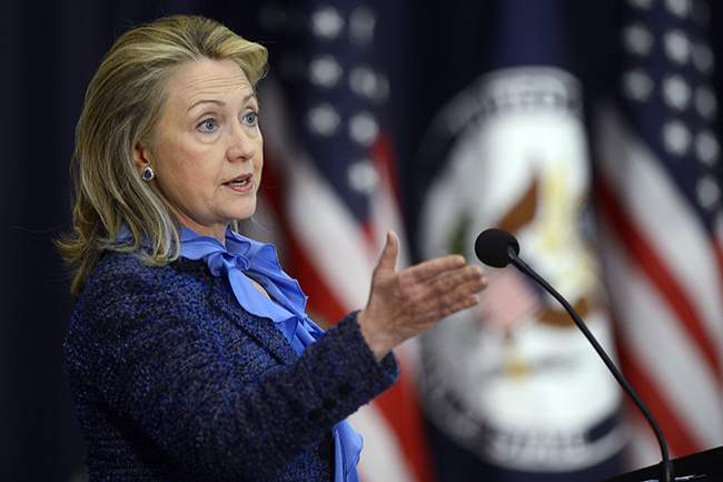 US Secretary of State Hillary Clinton delivers remarks at Stae Department awards ceremony.