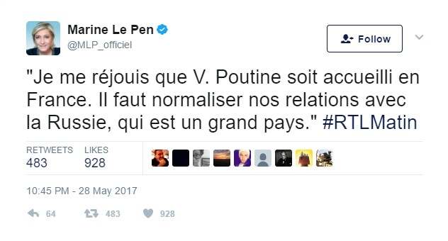 mari le pen tvit o putinu