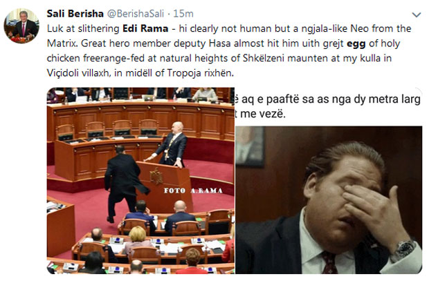Фотографију на којој се види како Хаша погађа јајима Раму објавио је бивши премијер Саљи Бериша с поруком "За присутне - тост и јаја".